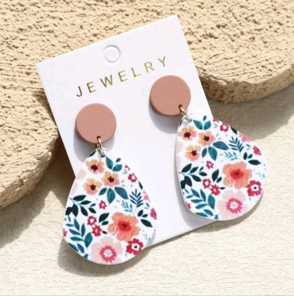 New Floral Teardrop Dangle Earrings Pink Dark Green Leaf Summer Cottagecore
